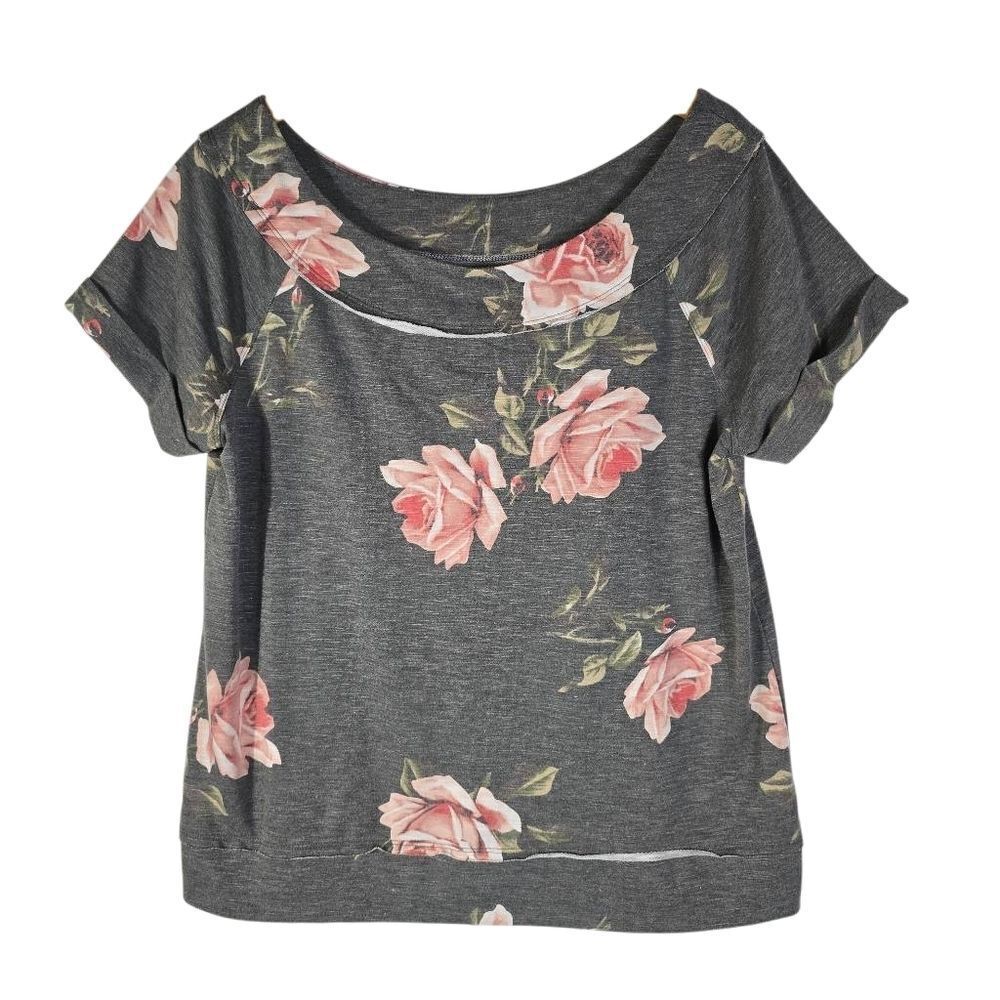 Maurices Gray and Pink Floral Short Sleeve Tee